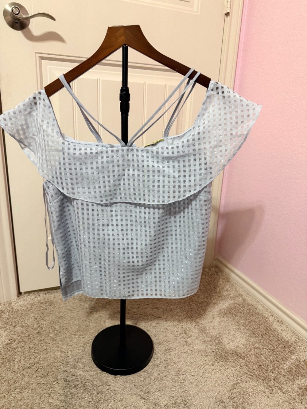 Gianni Bini Lined Dress Top Baby Blue w/ translucent squares & a button-up back